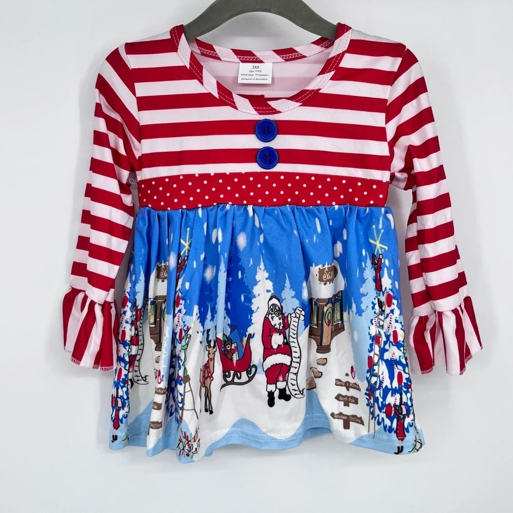 Christmas North Pole Tunic Leggings Set‎ Girls 3-6M Red White Santa Ruffle Trim